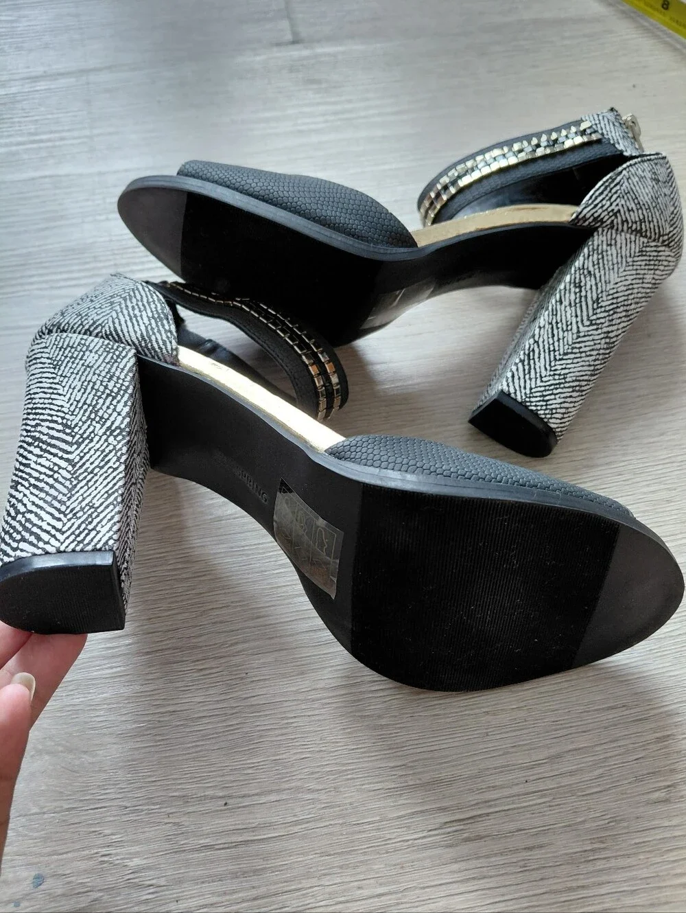 Call It Spring Black & White Patterned Block Heel Sandals Size 9